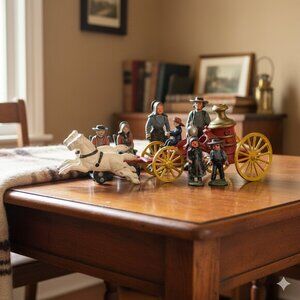 Vintage Cast Iron Toys Horse Drawn Wagon & Fireman & Amish Figurines
